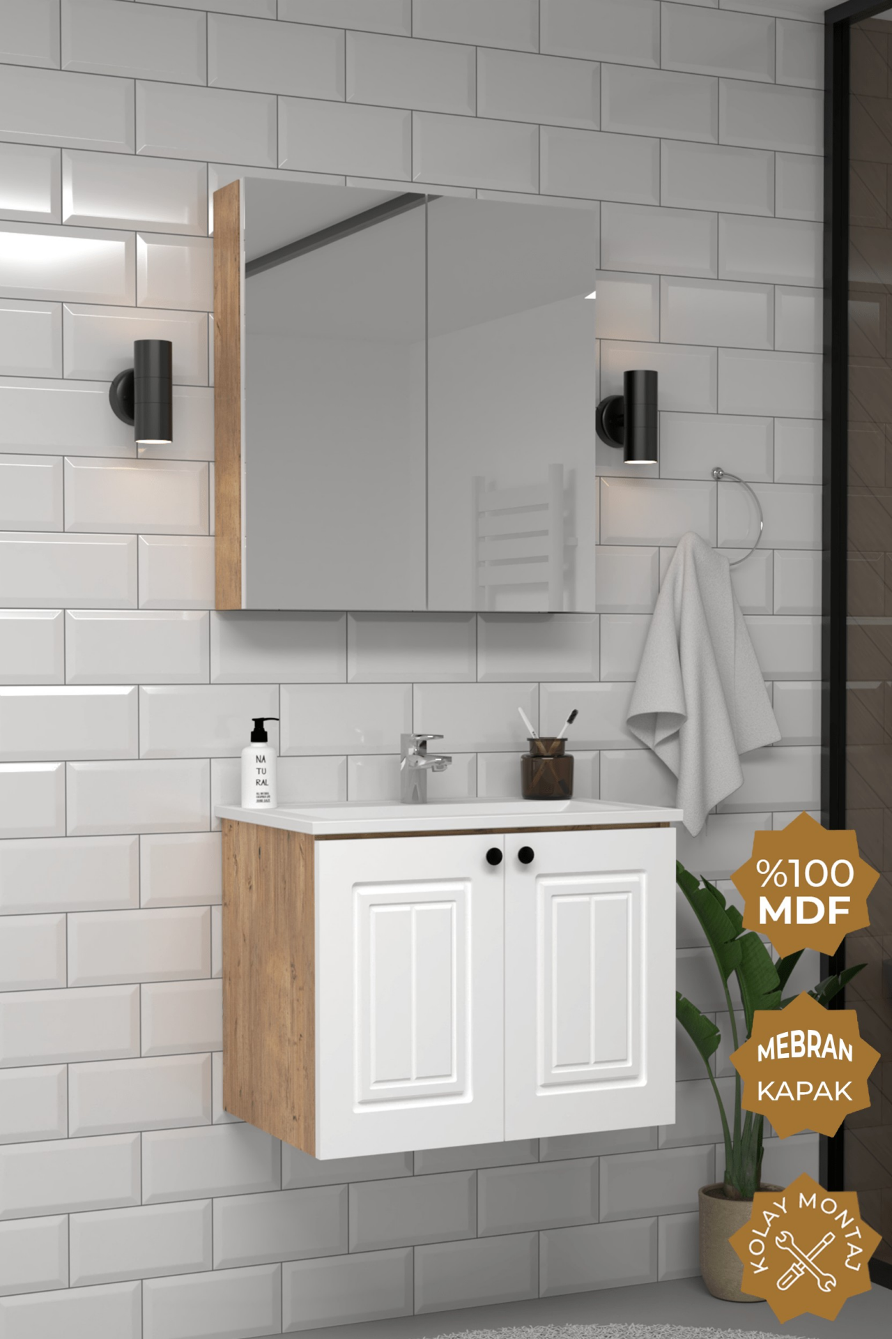 Teta Home Pekin 65 cm MDF Gövde Membran Kapak Banyo Dolabı Seti Atlantik Çam- Beyaz