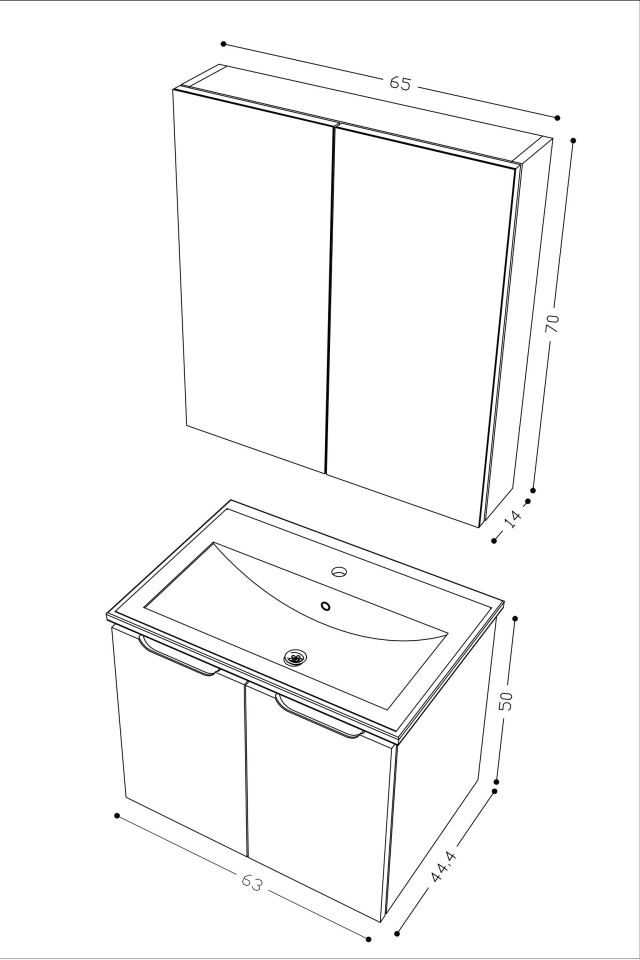 Teta Home Astana 65 cm MDF Gövde Membran Kapak Banyo Dolabı Seti
