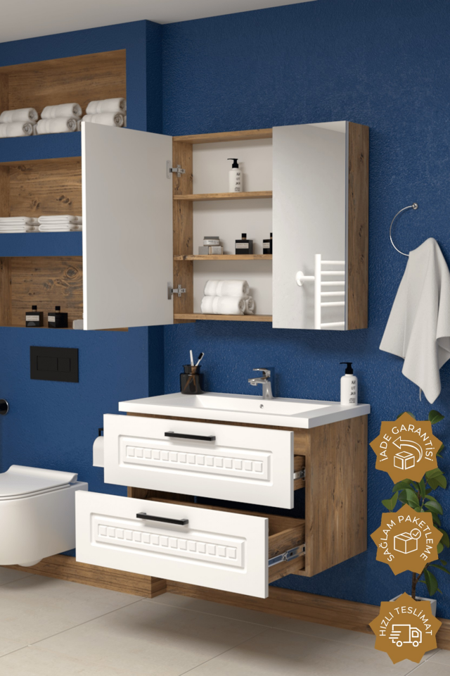 Teta Home Floransa 80 cm MDF Gövde Membran Kapak Banyo Dolabı Seti