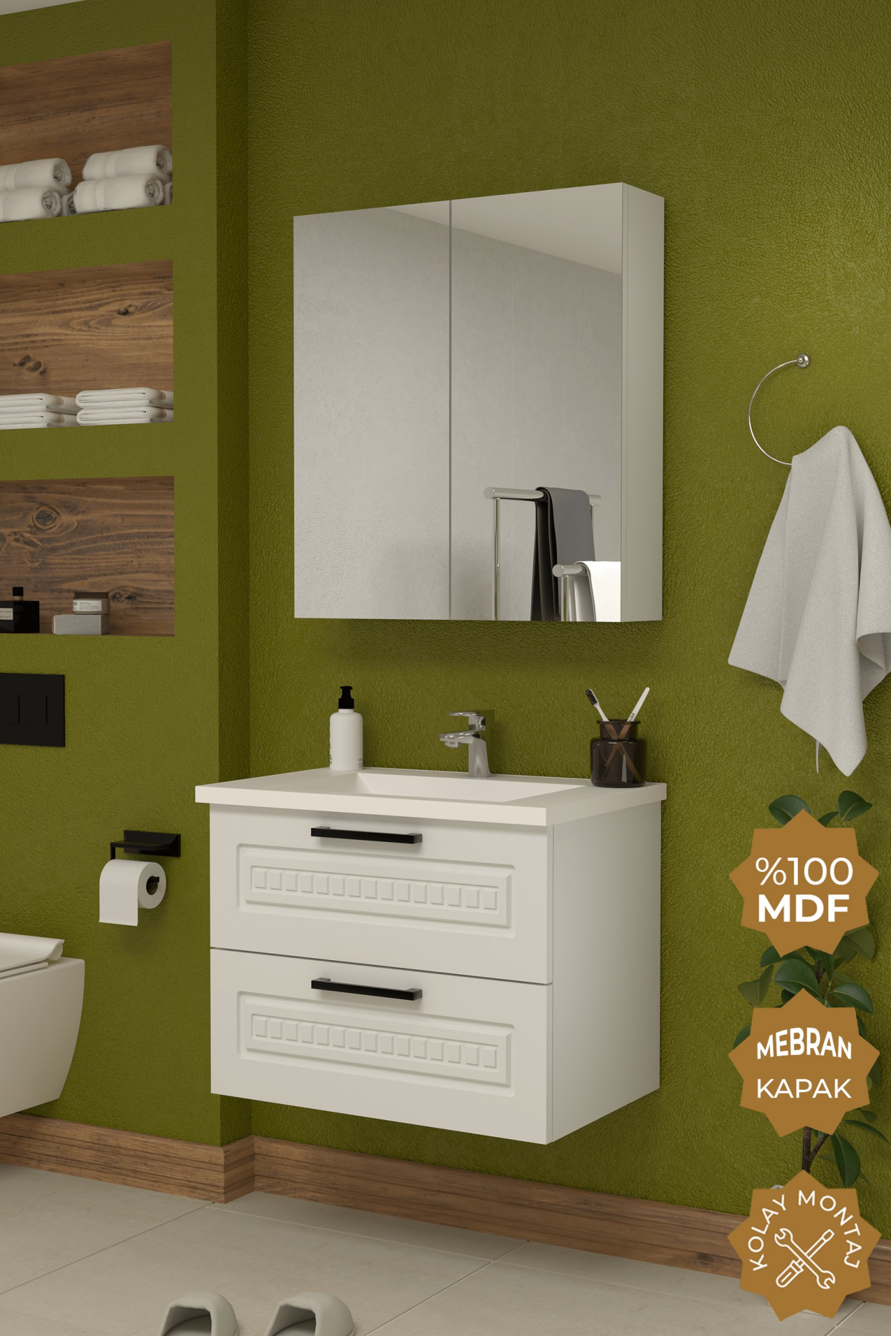 Teta Home Floransa 65 cm MDF Gövde Membran Kapak Banyo Dolabı Seti
