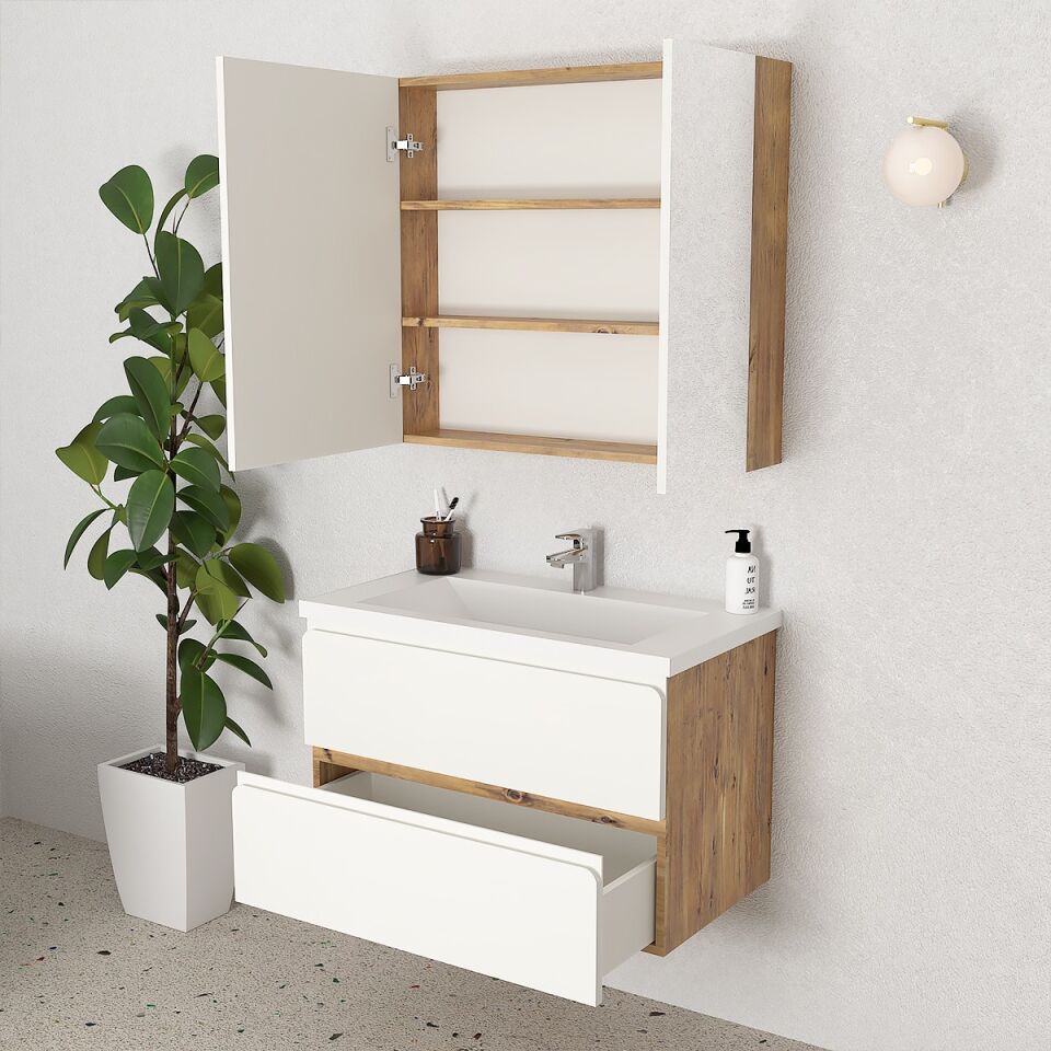 Teta Home Granada 80 cm MDF Gövde Membran Kapak Banyo Dolabı Seti