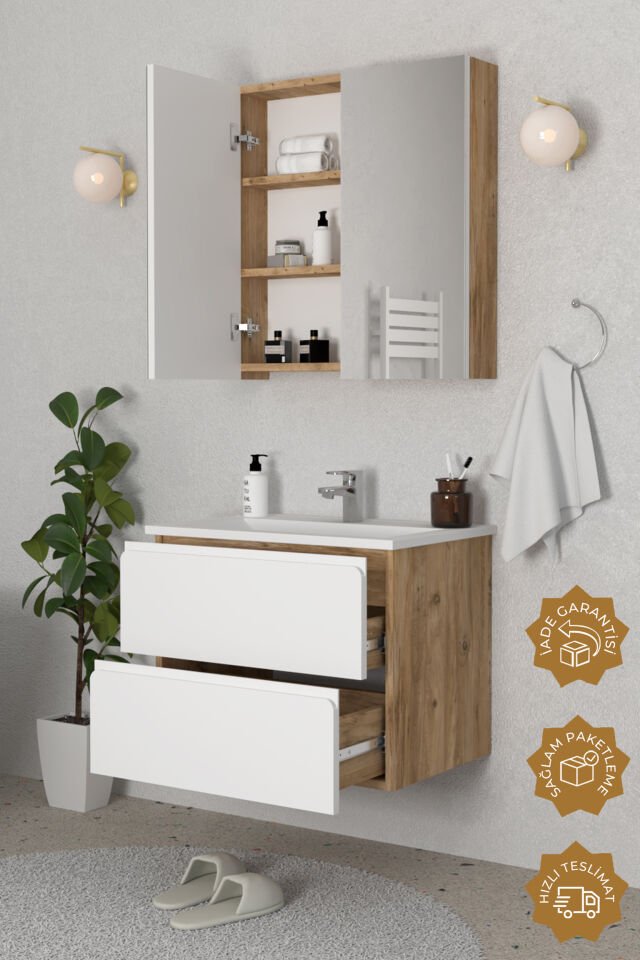 Teta Home Granada 80 cm MDF Gövde Membran Kapak Banyo Dolabı Seti