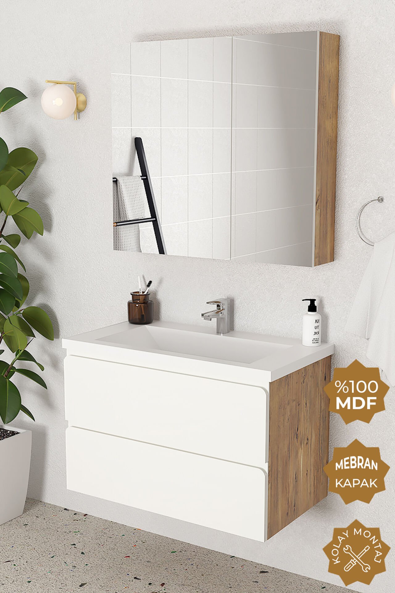 Teta Home Granada 80 cm MDF Gövde Membran Kapak Banyo Dolabı Seti