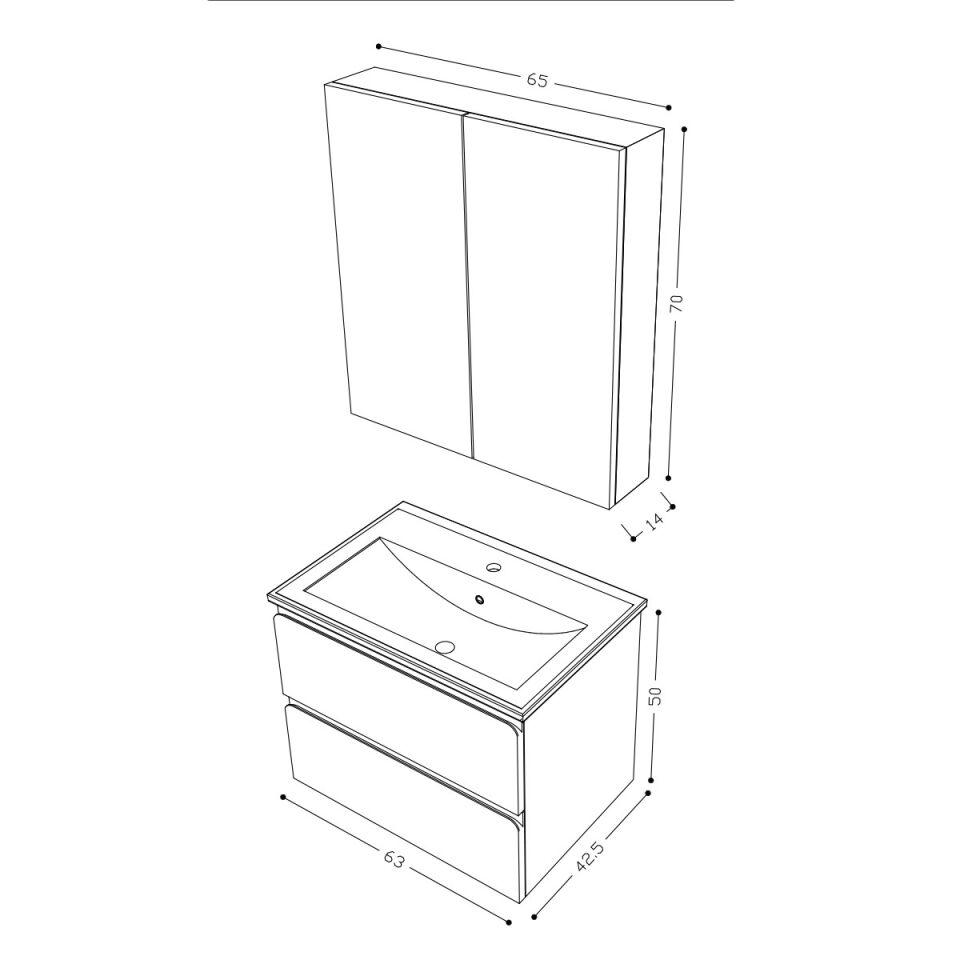 Teta Home Granada 65 cm MDF Gövde Membran Kapak Banyo Dolabı Seti