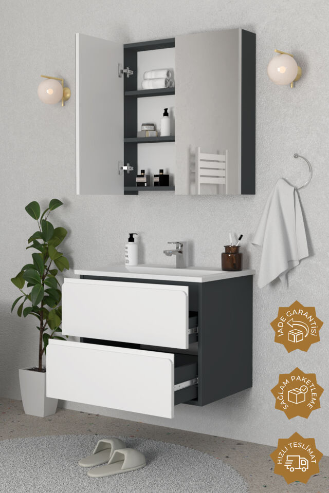 Teta Home Granada 65 cm MDF Gövde Membran Kapak Banyo Dolabı Seti