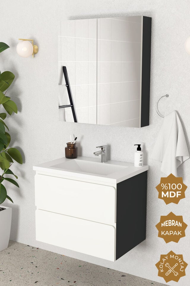 Teta Home Granada 65 cm MDF Gövde Membran Kapak Banyo Dolabı Seti