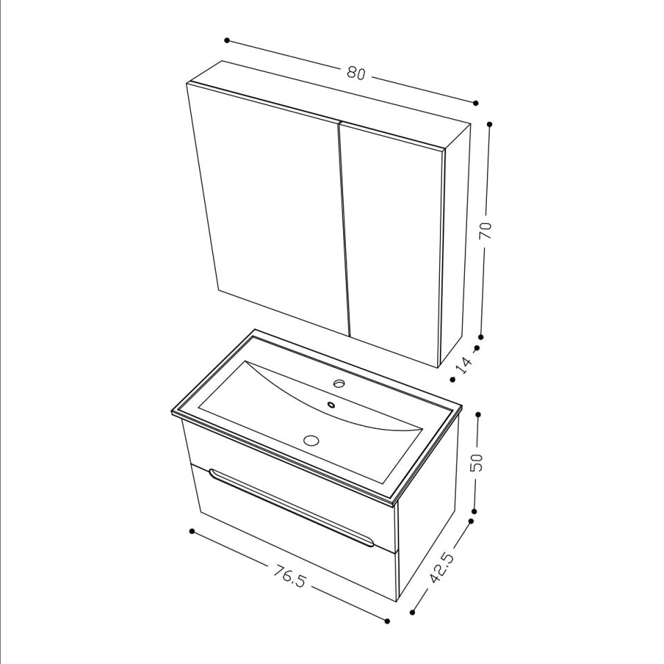 Teta Home Kopenhag 80 cm MDF Gövde Membran Kapak Banyo Dolabı Seti