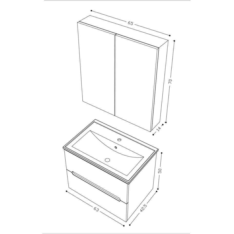Teta Home Kopenhag 65 cm MDF Gövde Membran Kapak Banyo Dolabı Seti