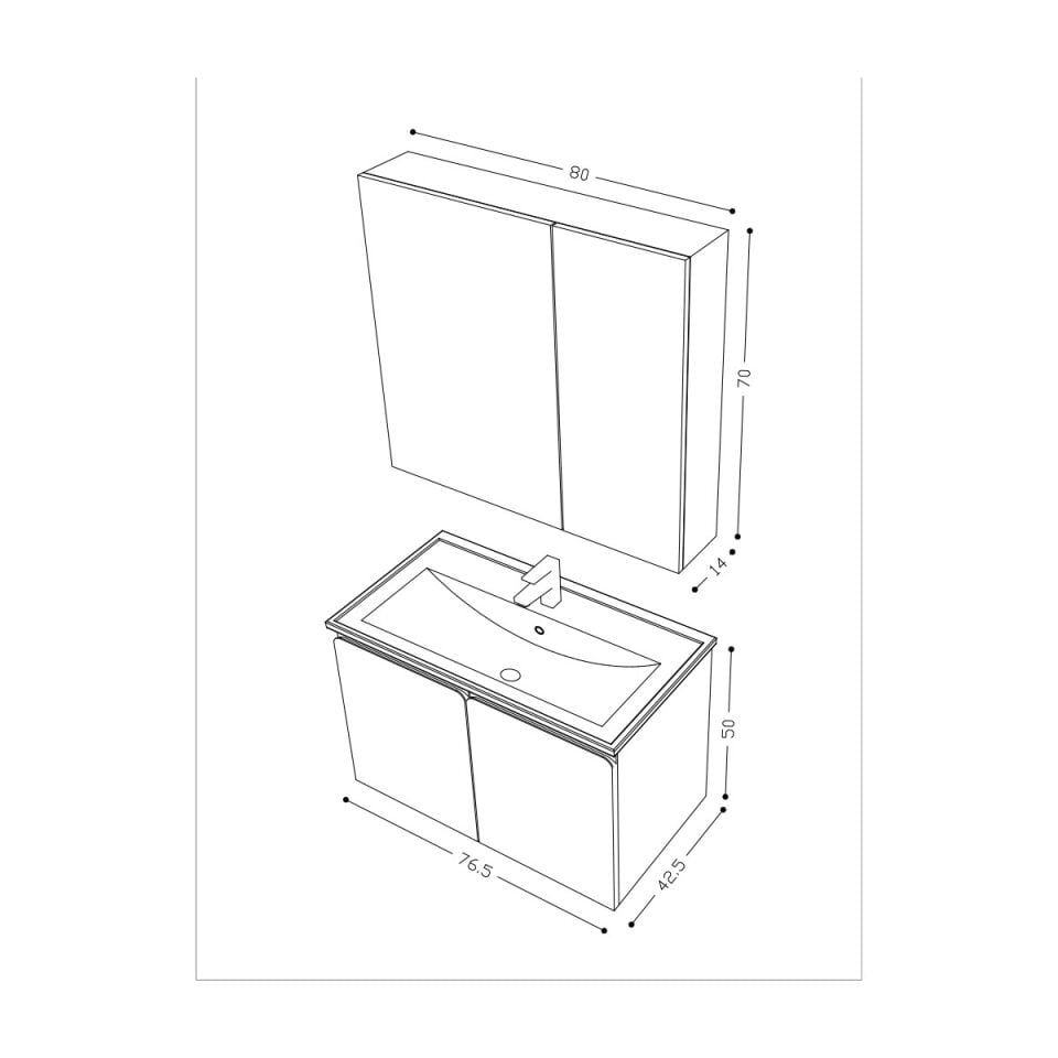 Teta Home Zürih 80 cm MDF Gövde Membran Kapak Banyo Dolabı Seti