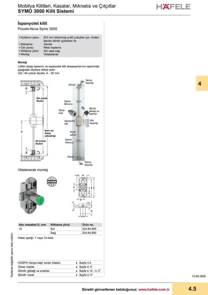 Hafele Symo İspanyolet Sol Kilit 18/15mm, Nikel Renk