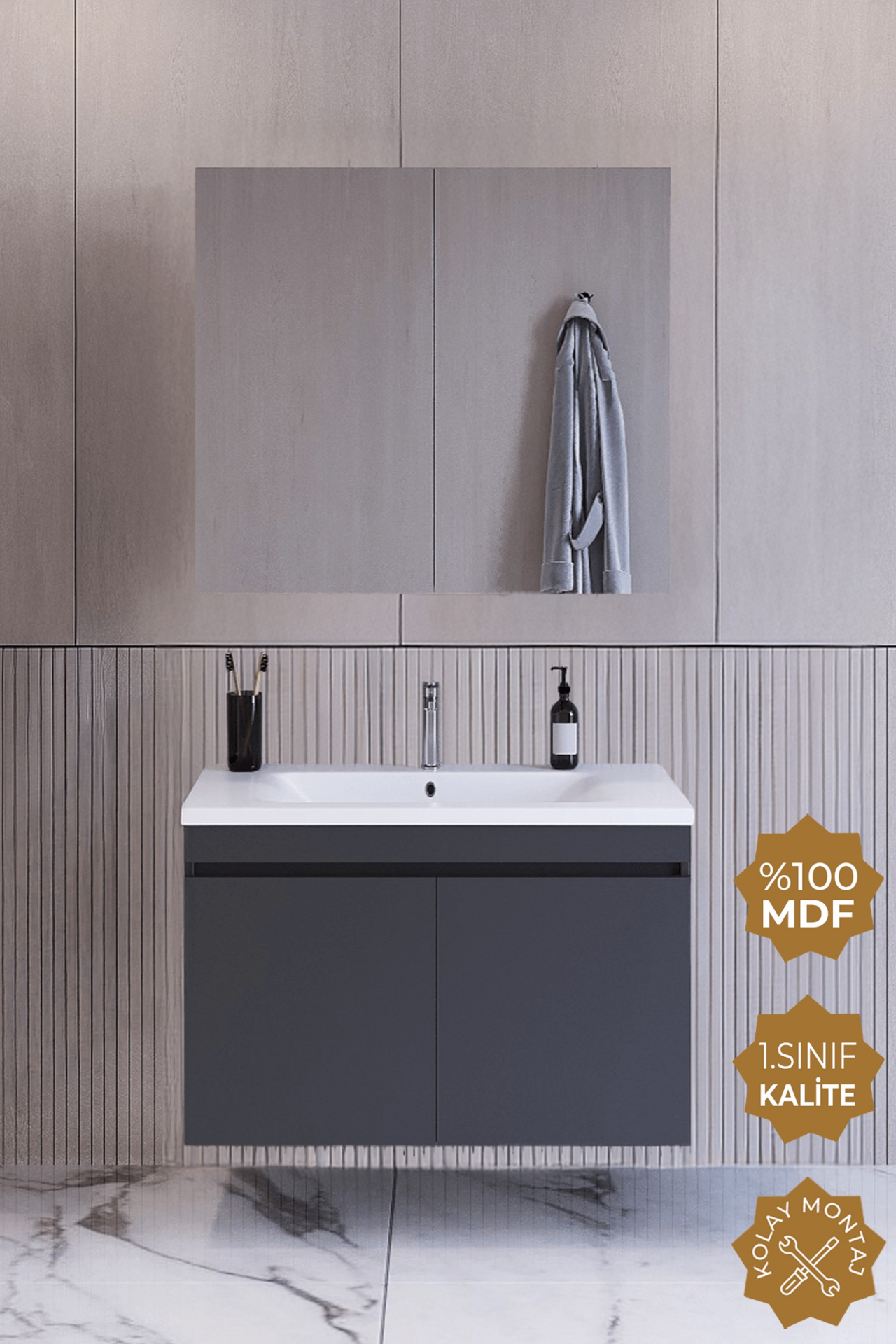 Teta Home Tokyo 65 cm MDF Banyo Dolabı Seti Antrasit