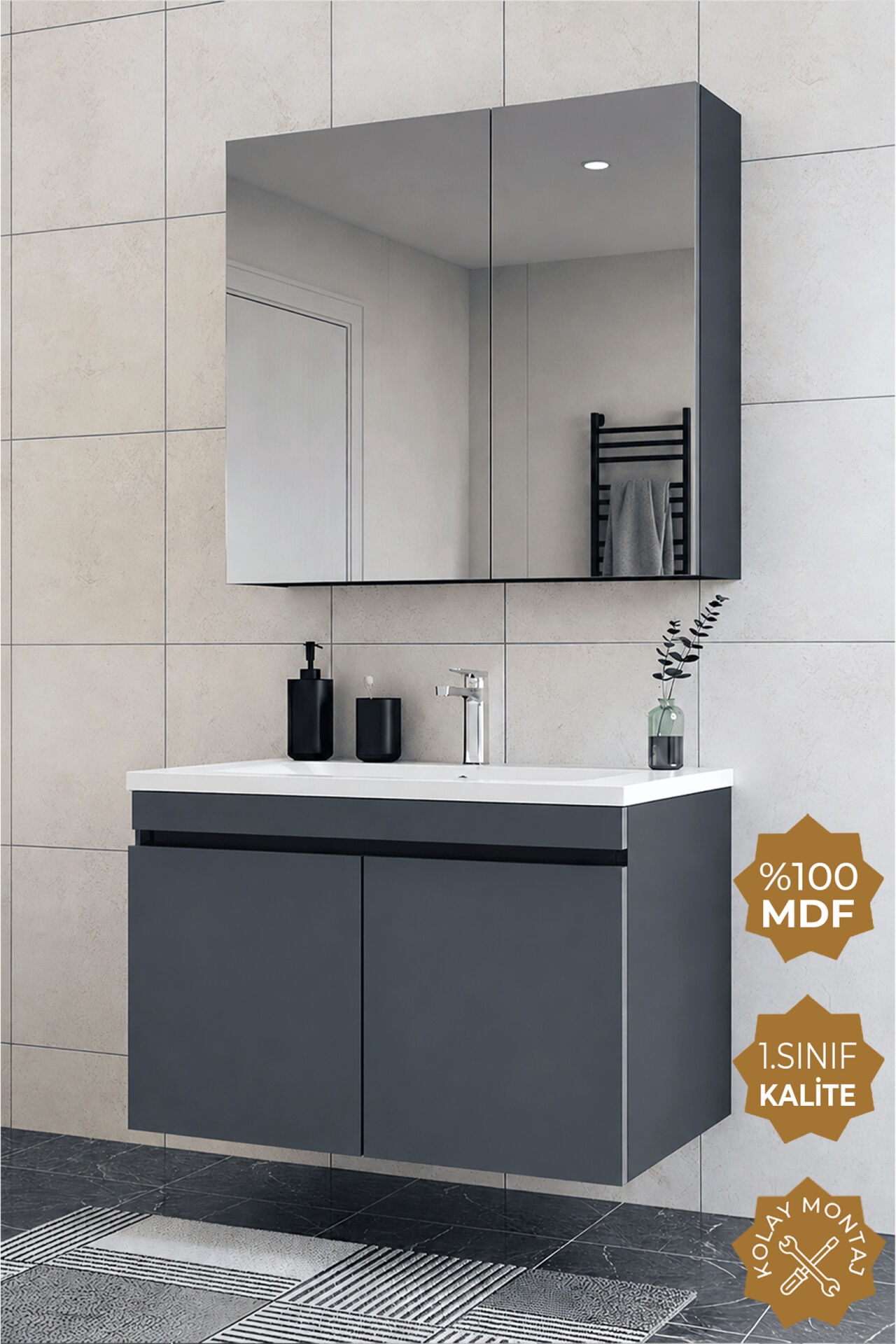 Teta Home Tokyo 65 cm MDF Banyo Dolabı Seti Antrasit