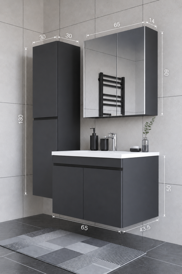 Teta Home Tokyo 65 cm MDF Banyo Dolabı Seti + Boy Dolabı Antrasit