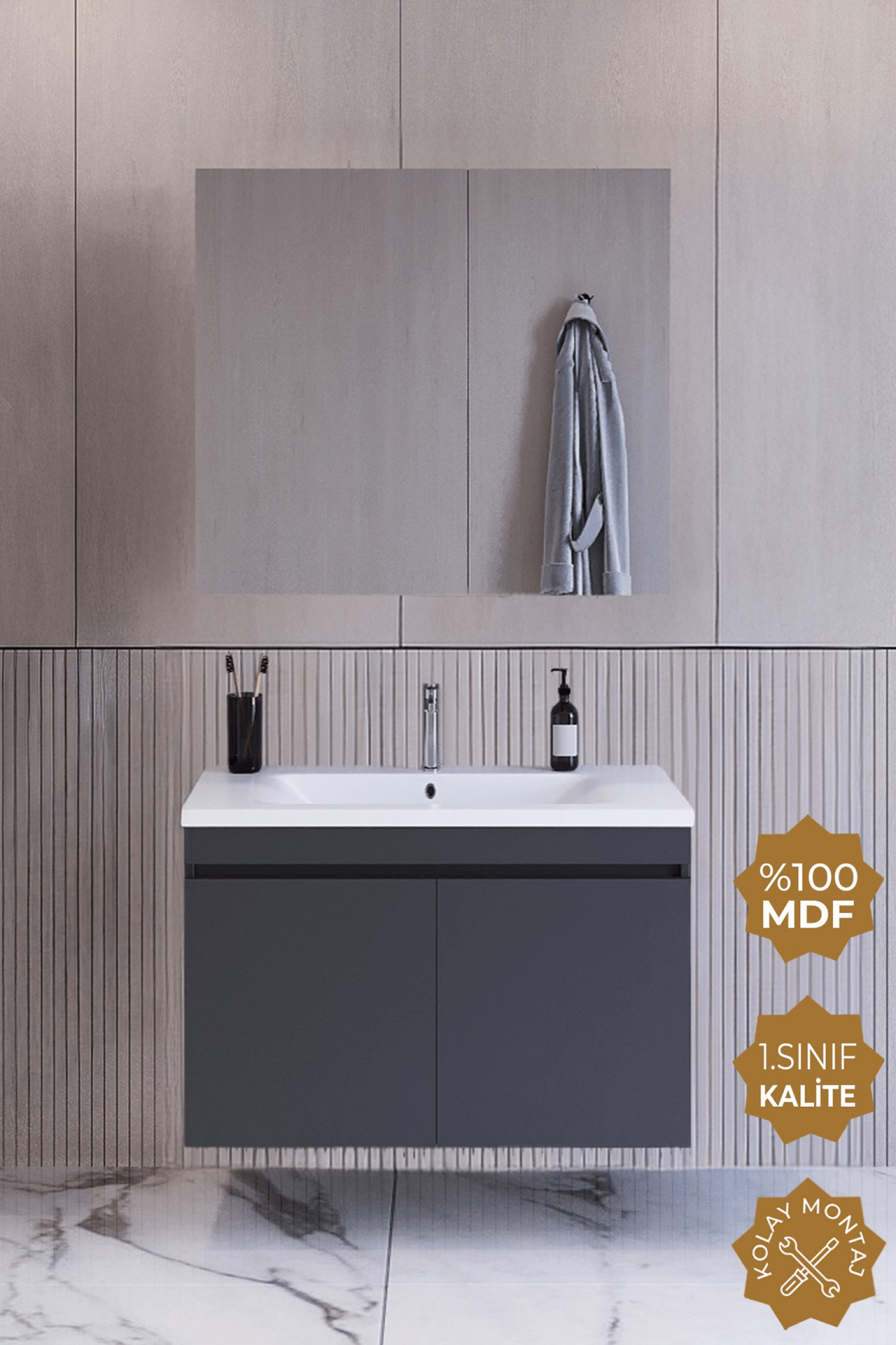 Teta Home Tokyo 80 cm MDF Banyo Dolabı Seti Antrasit