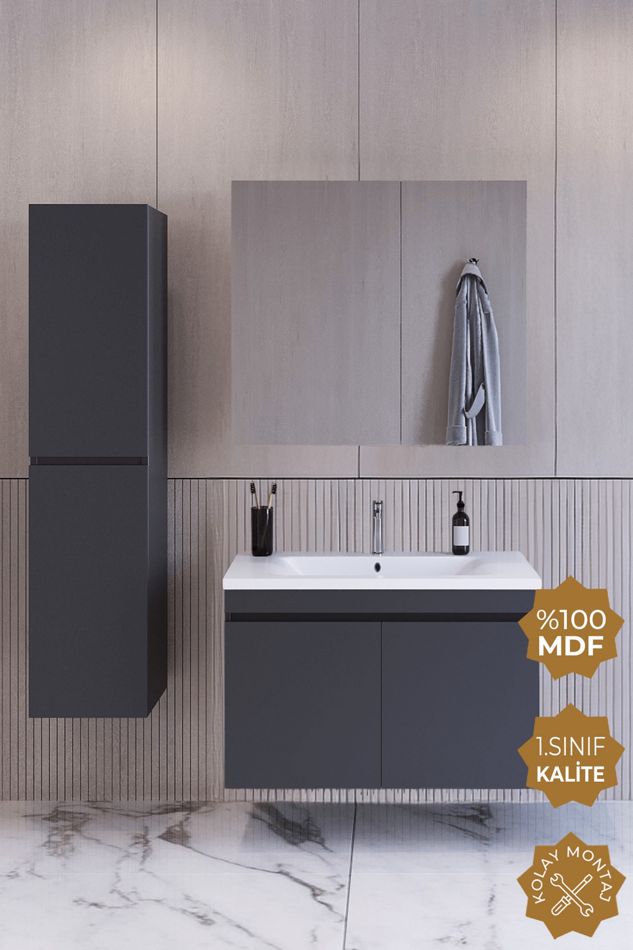Teta Home Tokyo 80 cm MDF Banyo Dolabı Seti + Boy Dolabı Antrasit