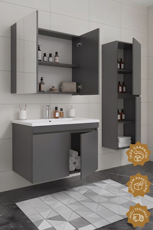Teta Home Tokyo 80 cm MDF Banyo Dolabı Seti + Boy Dolabı Antrasit