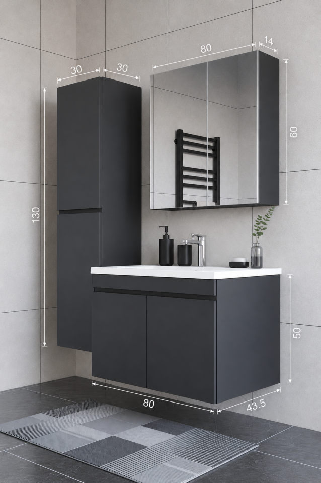 Teta Home Tokyo 80 cm MDF Banyo Dolabı Seti + Boy Dolabı Antrasit