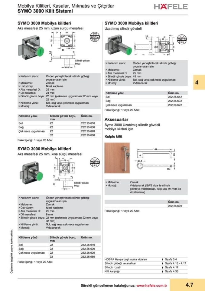 Hafele Symo Sürgülü Sol Kilit 22mm, Nikel Kaplama