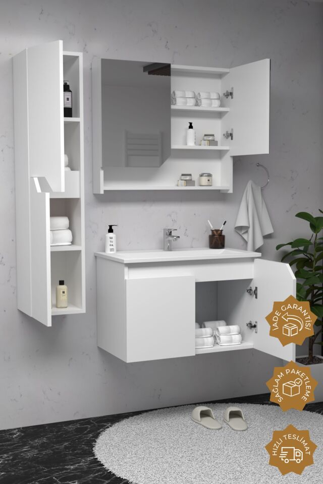 Teta Home Napoli 65 cm MDF Banyo Dolabı Seti + Boy Dolabı Beyaz