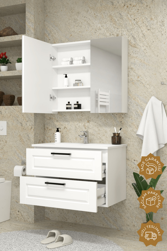 Teta Home Savora 80 cm MDF Gövde Membran Kapak Banyo Dolabı Seti Beyaz