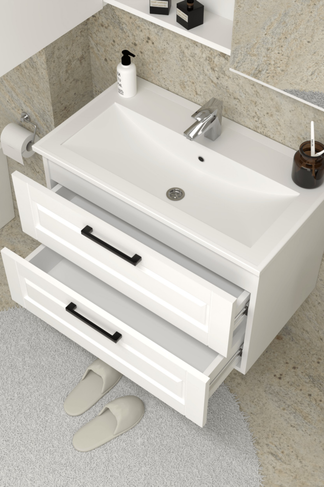 Teta Home Savora 80 cm MDF Gövde Membran Kapak Banyo Dolabı Seti Beyaz