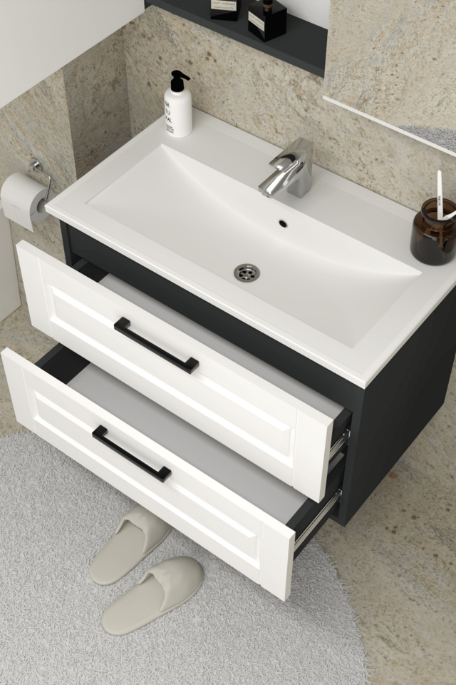 Teta Home Savora 80 cm MDF Gövde Membran Kapak Banyo Dolabı Seti Antrasit-Beyaz