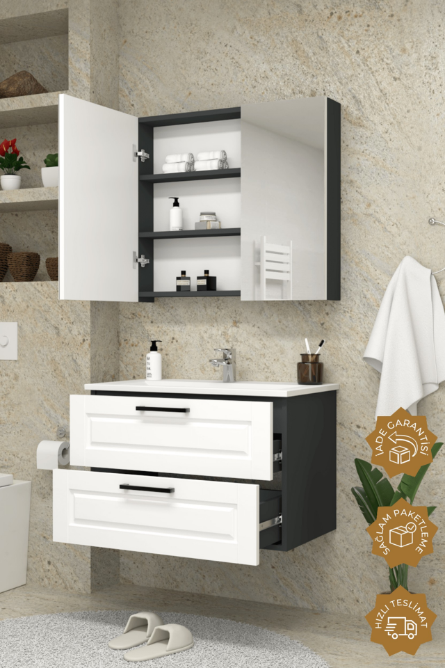 Teta Home Savora 80 cm MDF Gövde Membran Kapak Banyo Dolabı Seti Antrasit-Beyaz