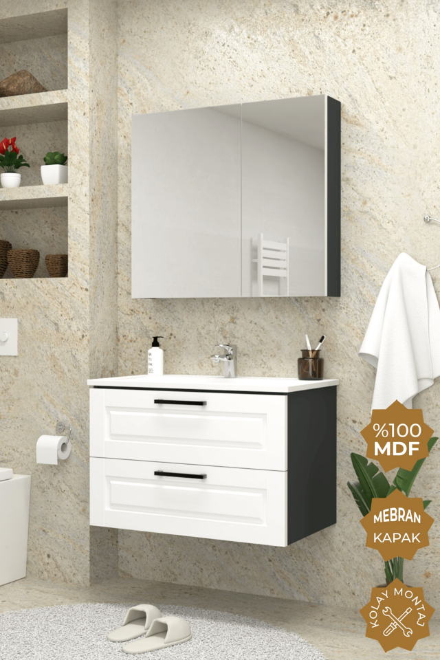 Teta Home Savora 80 cm MDF Gövde Membran Kapak Banyo Dolabı Seti Antrasit-Beyaz