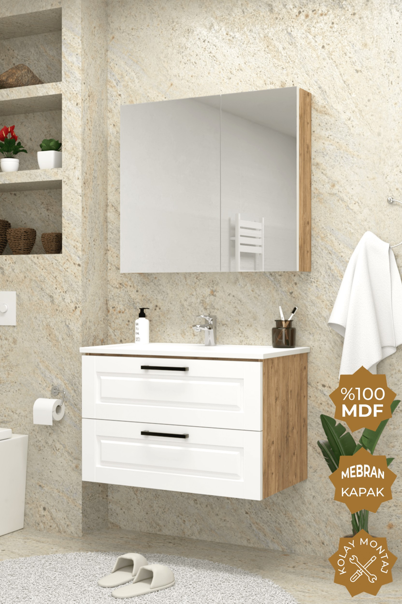 Teta Home Savora 80 cm MDF Gövde Membran Kapak Banyo Dolabı Seti Atlantik Çam-Beyaz