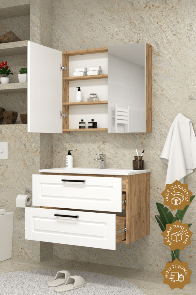 Teta Home Savora 65 cm MDF Gövde Membran Kapak Banyo Dolabı Seti