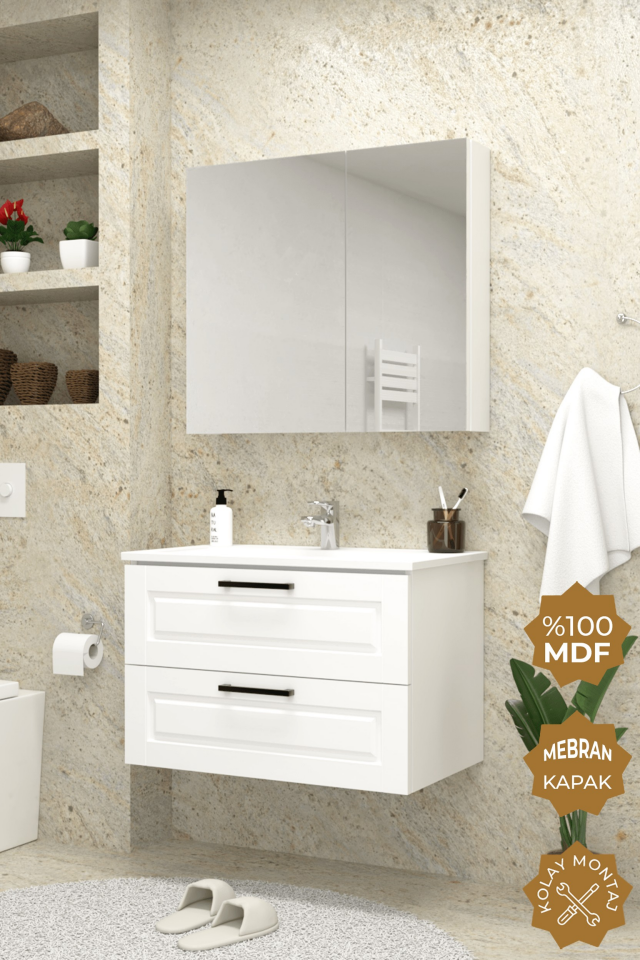Teta Home Savora 65 cm MDF Gövde Membran Kapak Banyo Dolabı Seti Beyaz