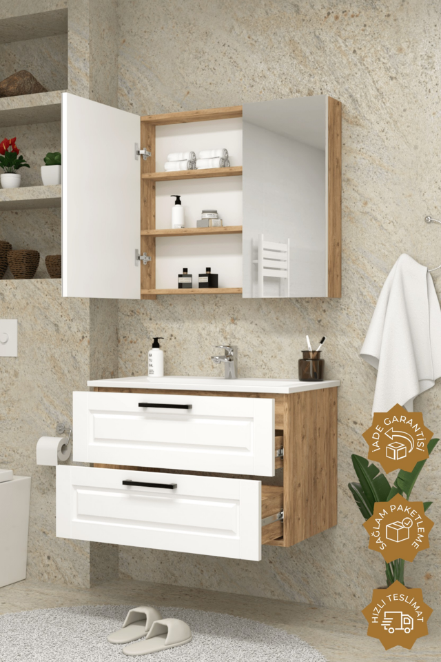 Teta Home Savora 65 cm MDF Gövde Membran Kapak Banyo Dolabı Seti Atlantik Çam-Beyaz