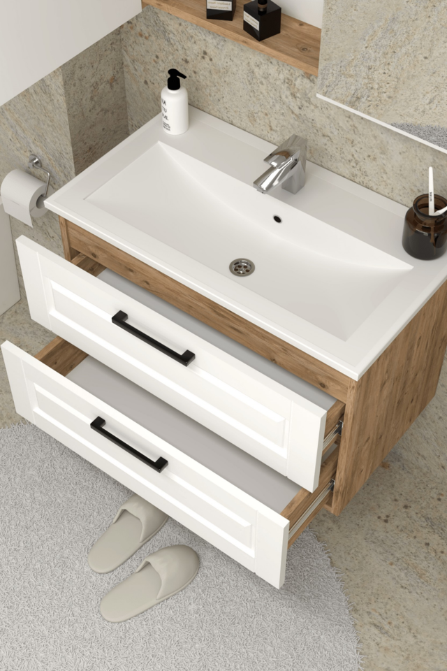 Teta Home Savora 65 cm MDF Gövde Membran Kapak Banyo Dolabı Seti Atlantik Çam-Beyaz