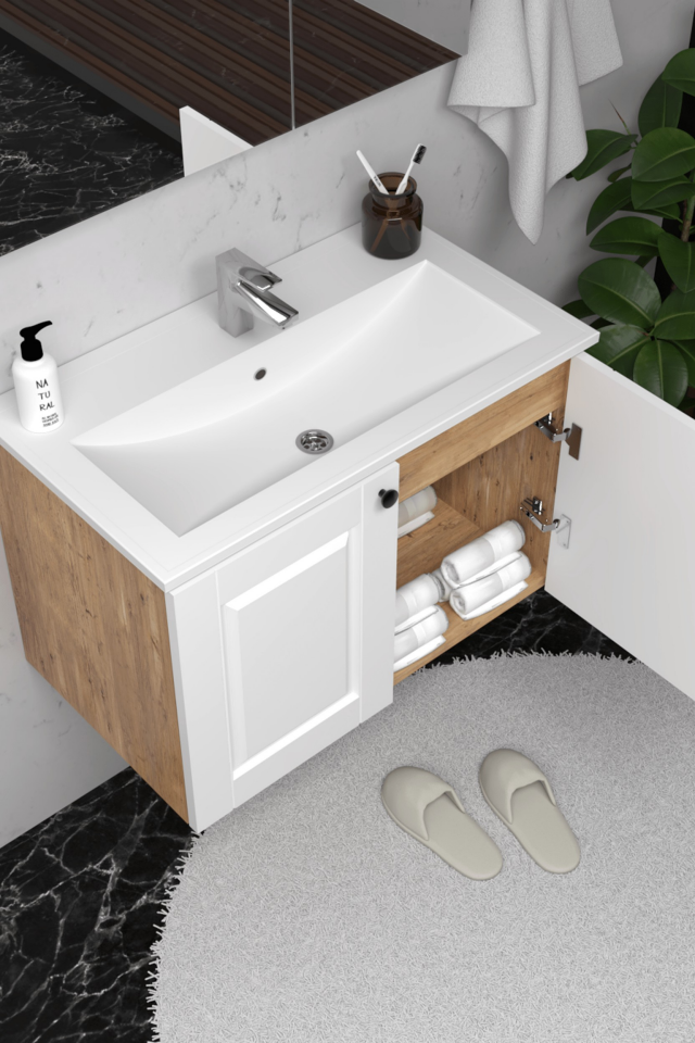 Teta Home Aldera 80 cm MDF Gövde Membran Kapak Banyo Dolabı Seti