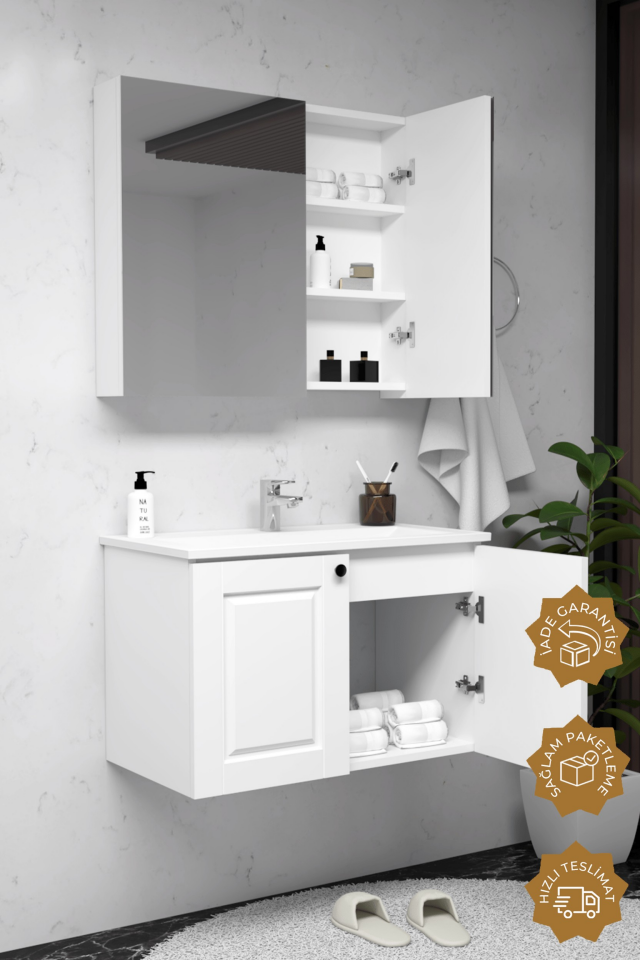 Teta Home Aldera 80 cm MDF Gövde Membran Kapak Banyo Dolabı Seti Beyaz