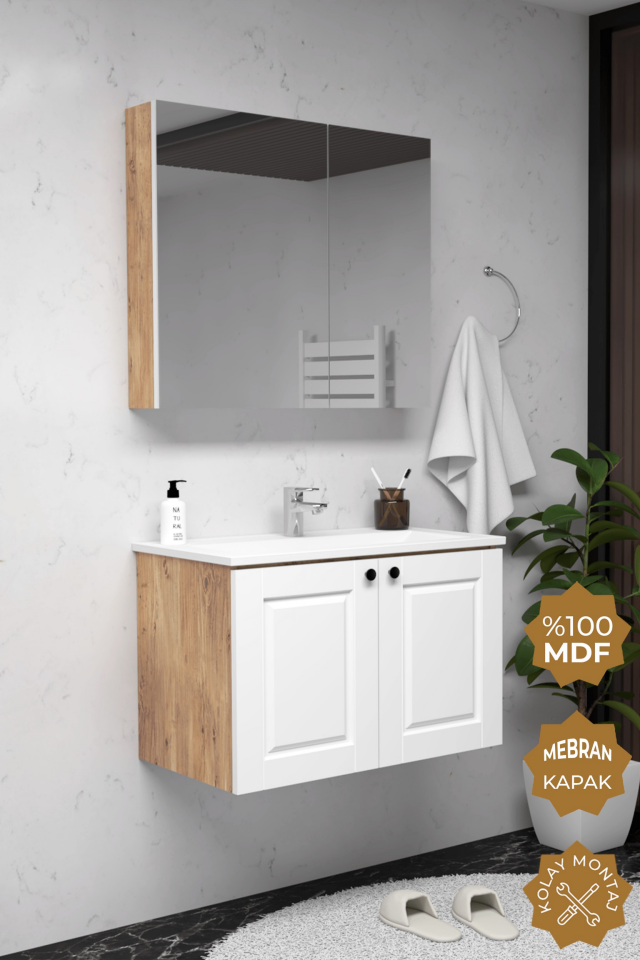 Teta Home Aldera 80 cm MDF Gövde Membran Kapak Banyo Dolabı Seti Atlantik Çam-Beyaz