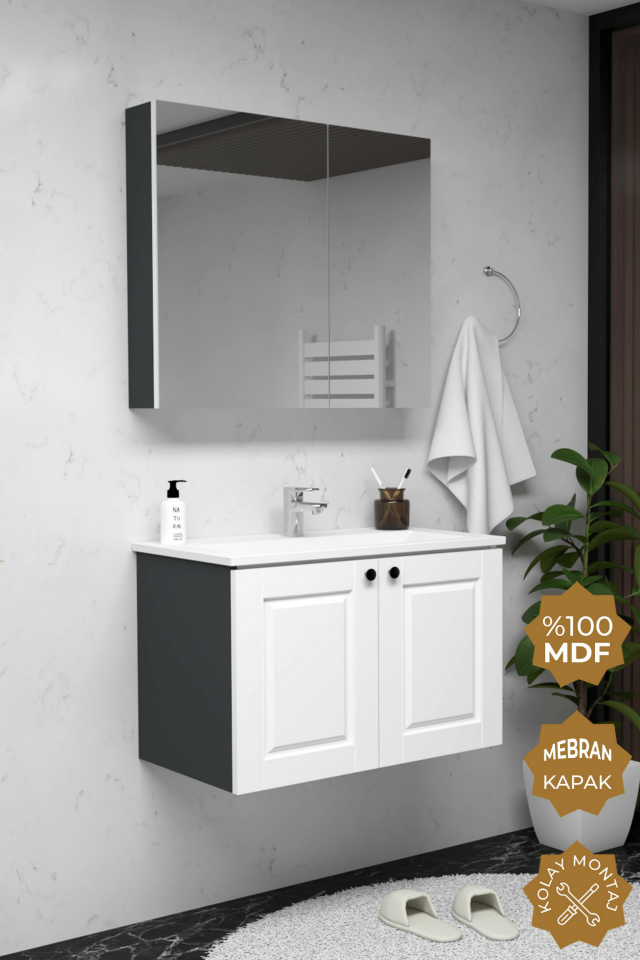 Teta Home Aldera 65 cm MDF Gövde Membran Kapak Banyo Dolabı Seti