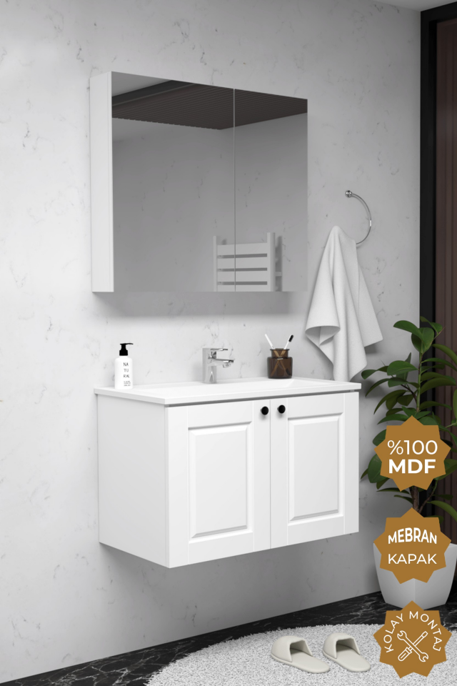Teta Home Aldera 65 cm MDF Gövde Membran Kapak Banyo Dolabı Seti Beyaz