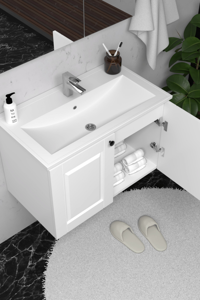 Teta Home Aldera 65 cm MDF Gövde Membran Kapak Banyo Dolabı Seti Beyaz