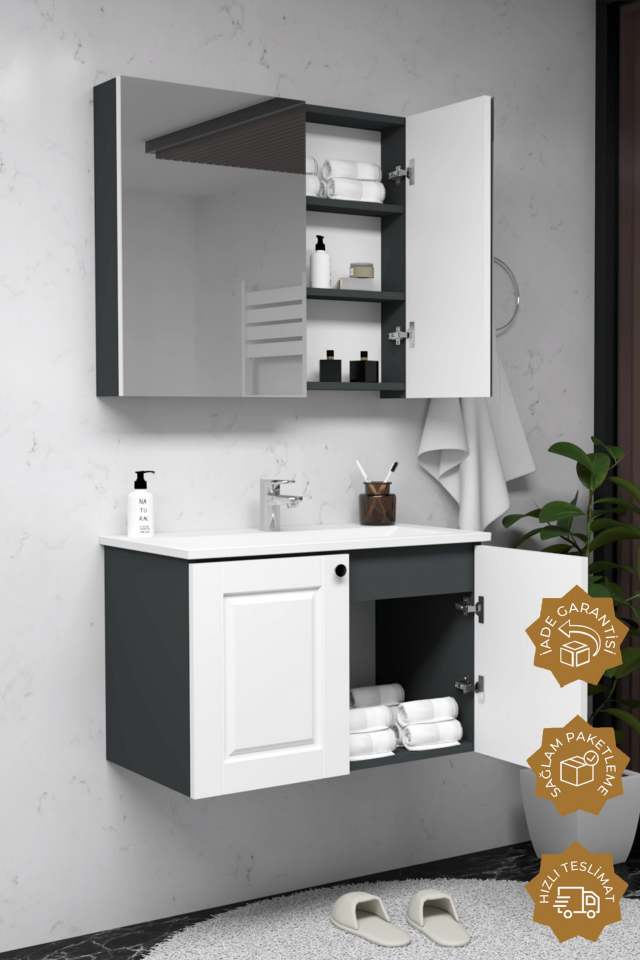 Teta Home Aldera 65 cm MDF Gövde Membran Kapak Banyo Dolabı Seti Antrasit-Beyaz