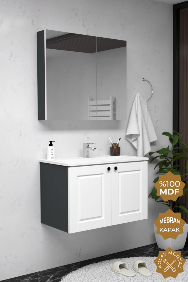 Teta Home Aldera 65 cm MDF Gövde Membran Kapak Banyo Dolabı Seti Antrasit-Beyaz
