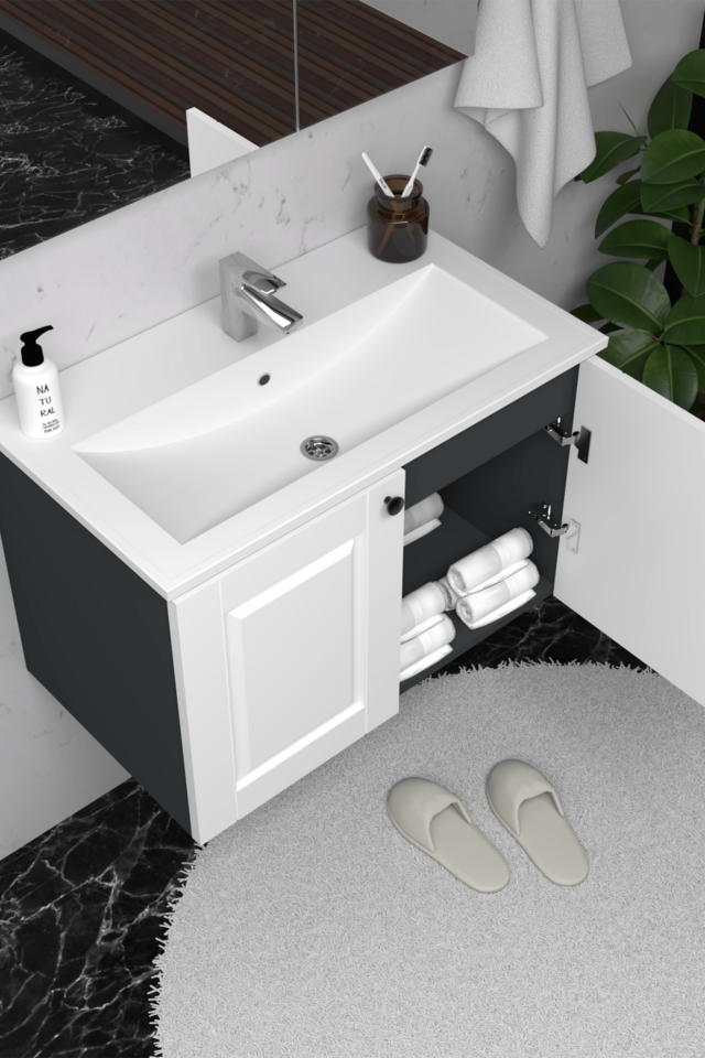 Teta Home Aldera 65 cm MDF Gövde Membran Kapak Banyo Dolabı Seti Antrasit-Beyaz