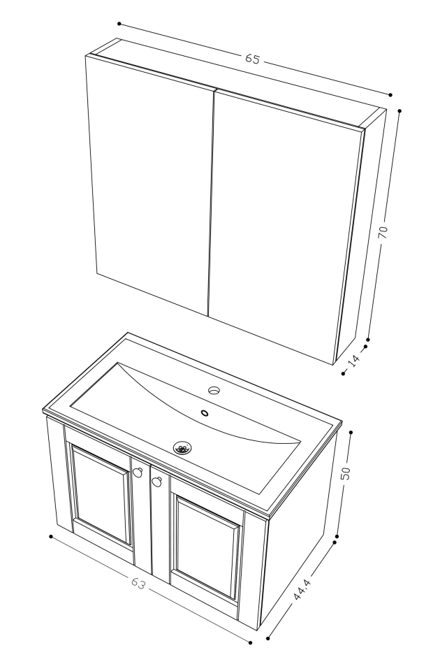 Teta Home Aldera 65 cm MDF Gövde Membran Kapak Banyo Dolabı Seti Antrasit-Beyaz
