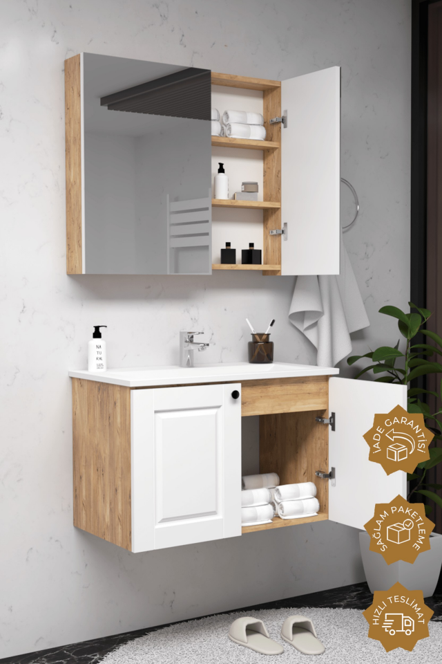 Teta Home Aldera 65 cm MDF Gövde Membran Kapak Banyo Dolabı Seti Atlantik Çam-Beyaz
