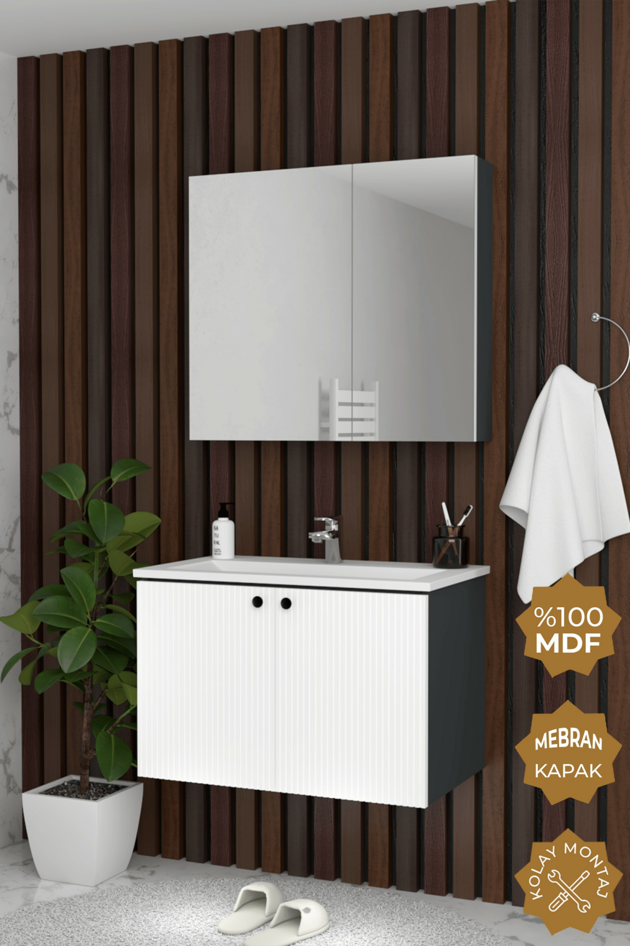 Teta Home Torino 80 cm MDF Gövde Membran Kapak Banyo Dolabı Seti