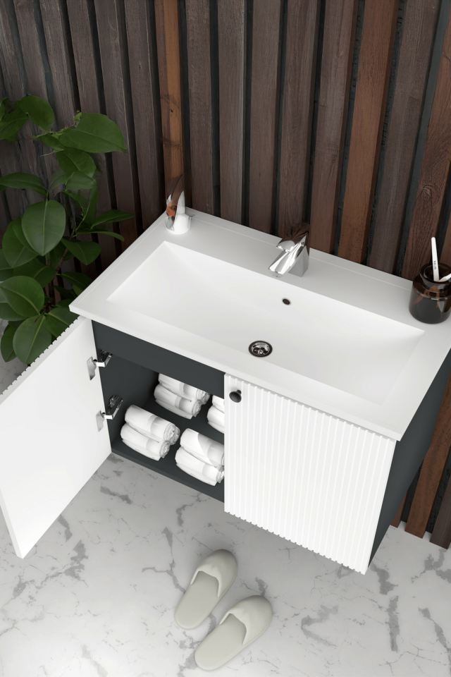 Teta Home Torino 80 cm MDF Gövde Membran Kapak Banyo Dolabı Seti