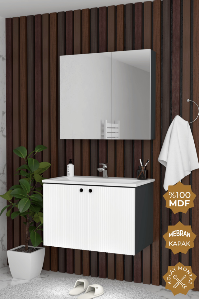 Teta Home Torino 80 cm MDF Gövde Membran Kapak Banyo Dolabı Seti Antrasit-Beyaz