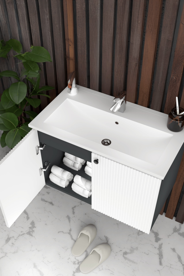 Teta Home Torino 80 cm MDF Gövde Membran Kapak Banyo Dolabı Seti Antrasit-Beyaz