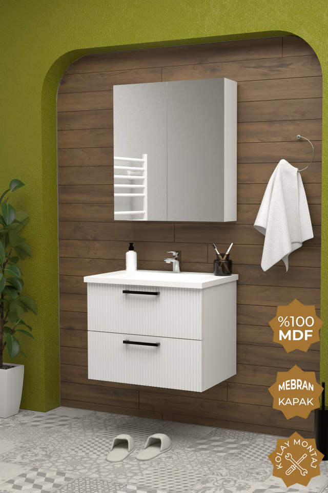 Teta Home Havana 65 cm MDF Gövde Membran Kapak Banyo Dolabı Seti Beyaz