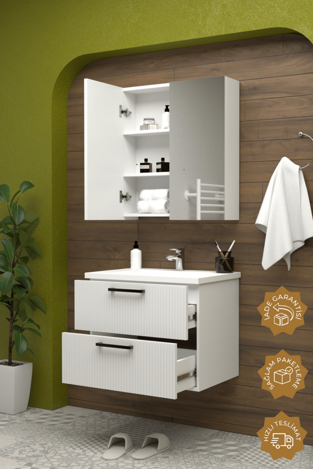 Teta Home Havana 65 cm MDF Gövde Membran Kapak Banyo Dolabı Seti Beyaz